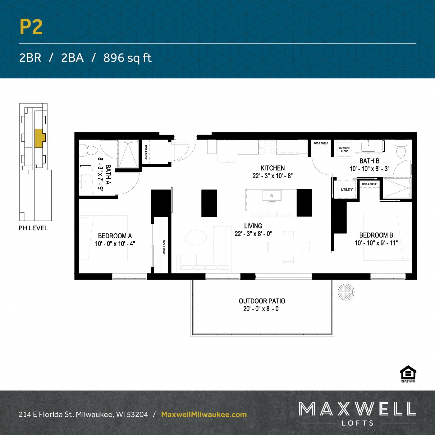 Floor plan for 2 beds, 2 baths, 979 sqft